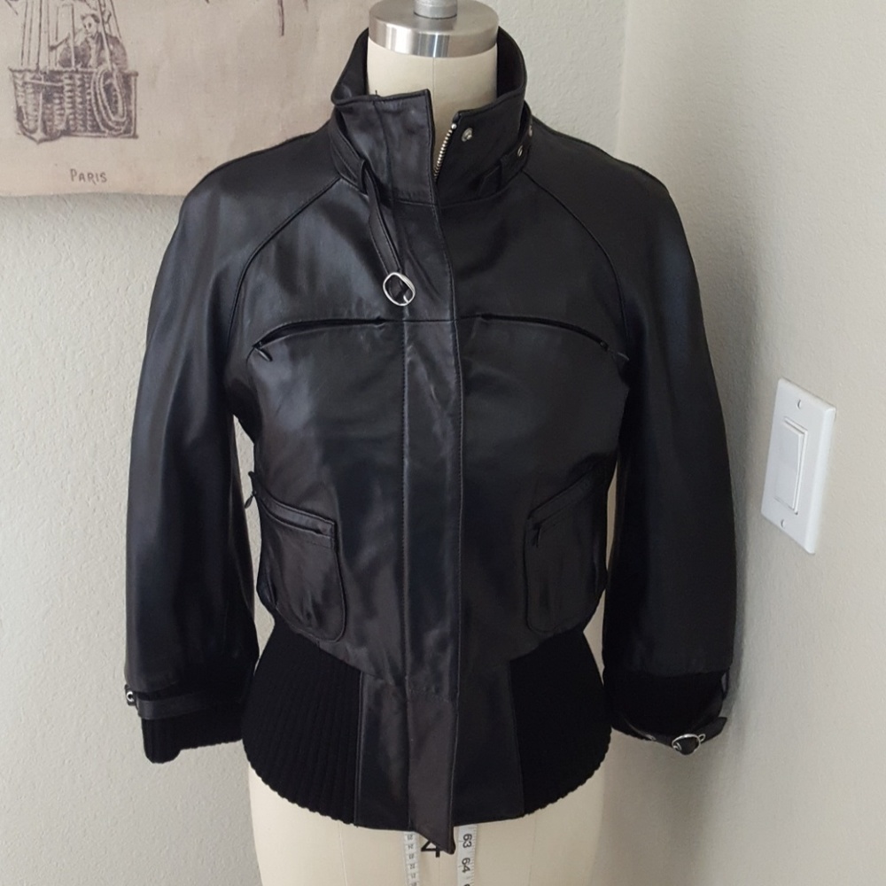 Bebe 90's Vintage Leather Funnel Neck Moto Style Jacket - Picture 1 of 8